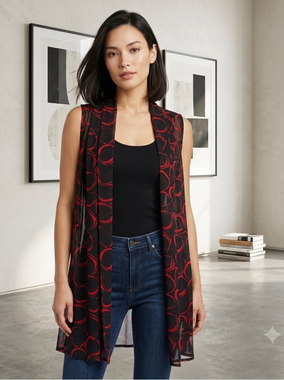 Susan Graver Chiffon Duster Vest Black Red Size M